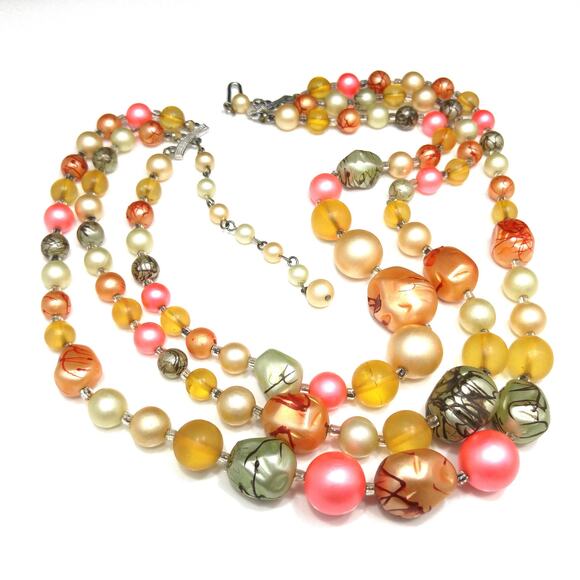 Vintage Japan Art Bead Necklace, Three Strands, 1950s, 17" - Picture 4 of 10